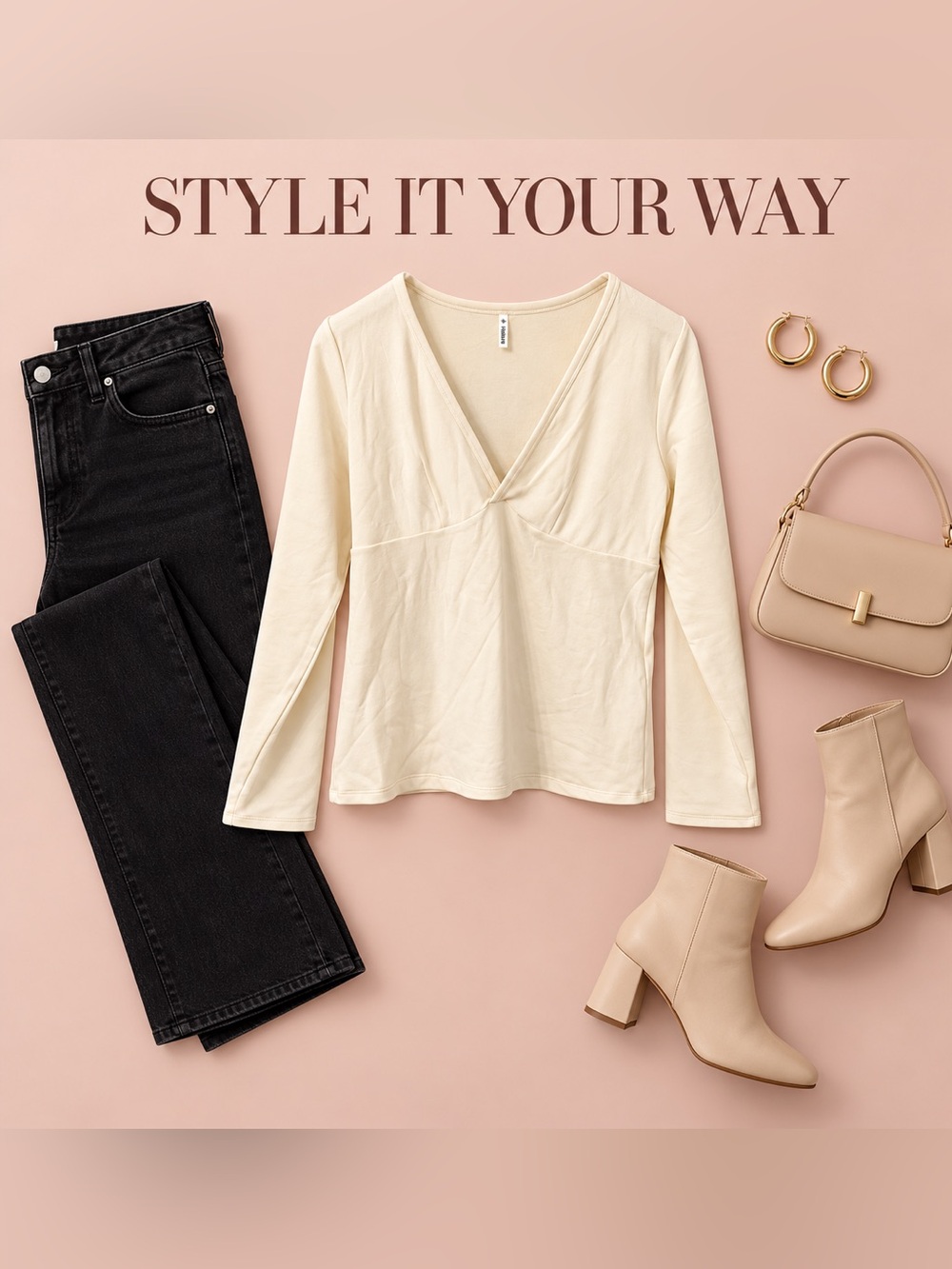 Halara V-neck Long Sleeve Casual Top Cream